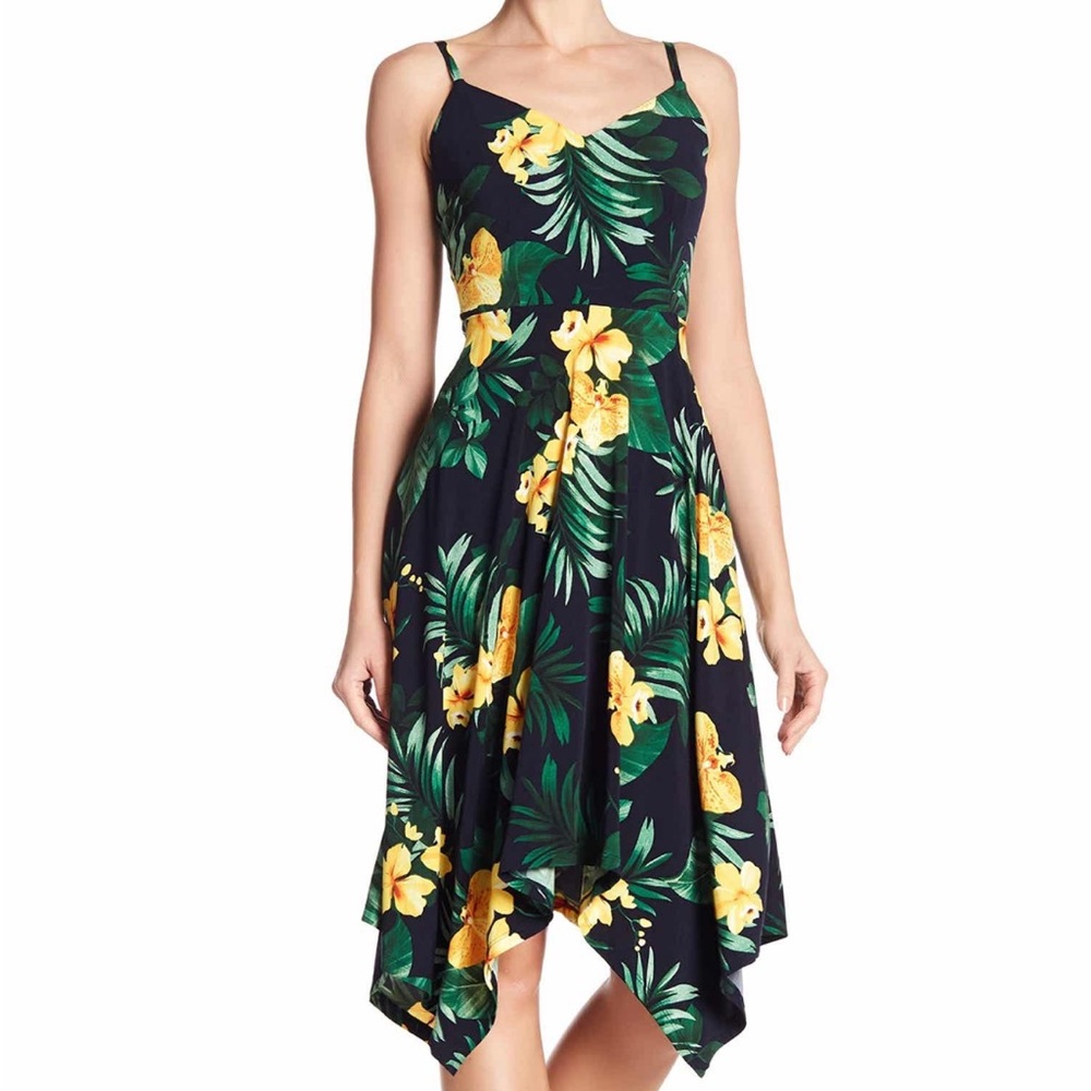 London Times Hibiscus Navy and Yellow Spaghetti Strap Sundress Sz 14